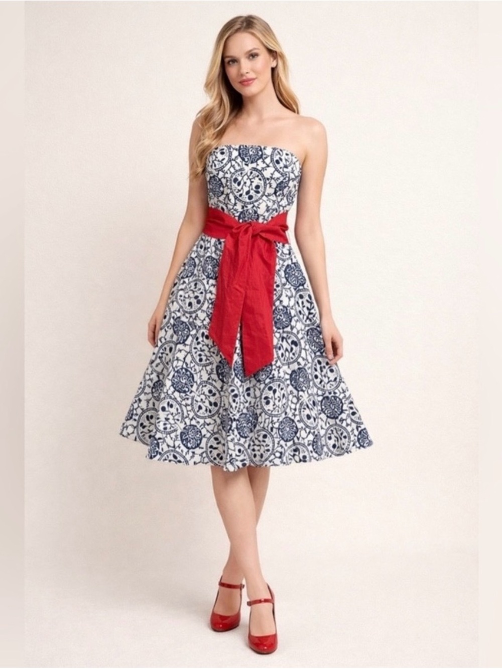 Tabitha Strapless Navy & White Pattern Dress with Red Sash